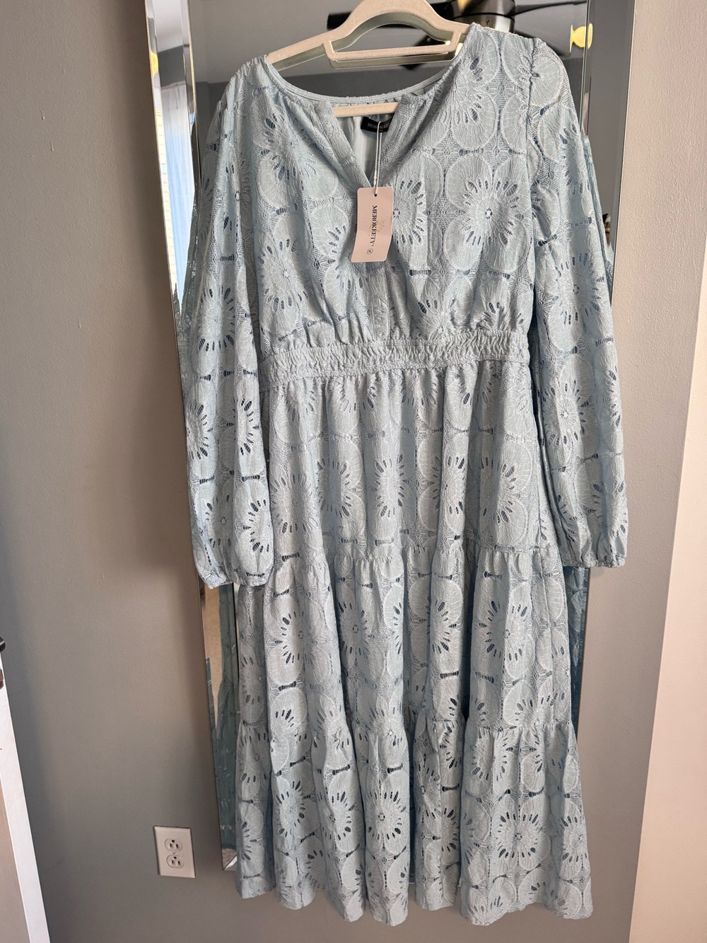 Lace Eyelet Tiered Dress - Light Blue. New. Xl